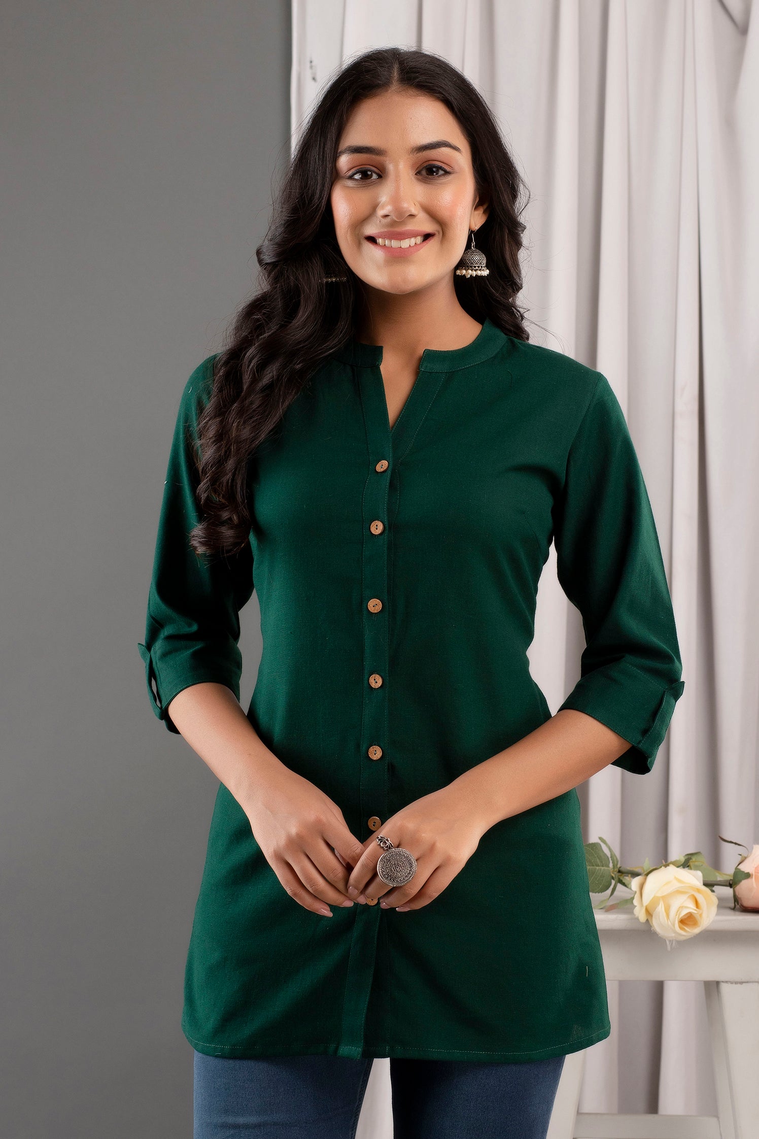 Casual Bottle Green Short Kurti Online Kohsh - Main Image