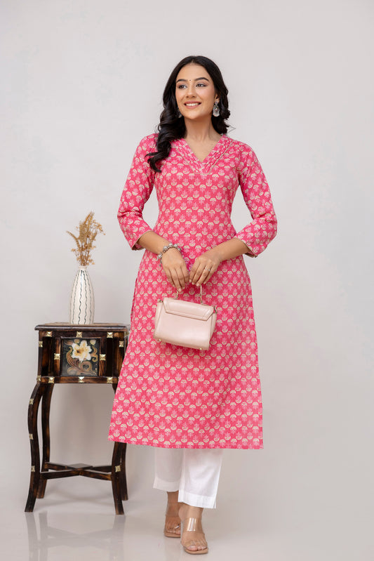 Pink Printed Cotton Kurta