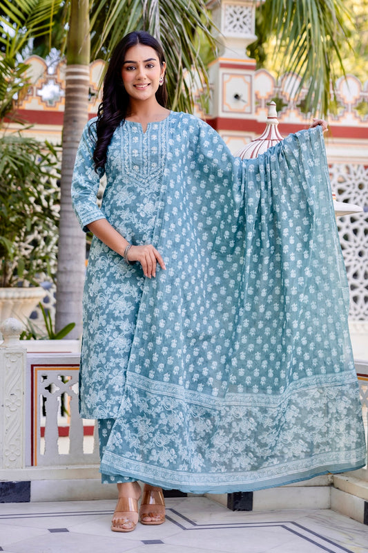 Sea Green Threadwork Highlight Cotton Kurta Set with Trousers and Dupatta