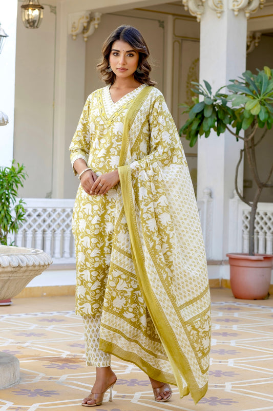 Green V-neck Cotton Printed Kurta Set with Trousers and Kota Doriya Dupatta