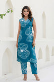 Turquoise Blue Embellished Straight Kurta with Trousers Coord Set Turquoise Blue Embellished Straight Kurta with Trousers Coord Set