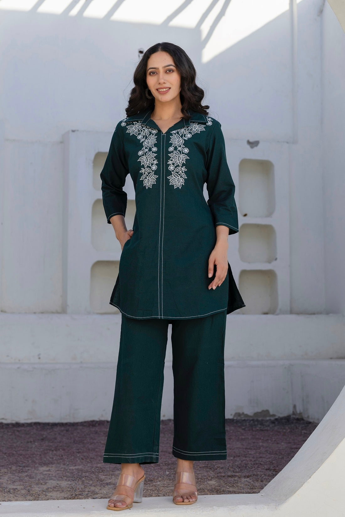 Elara - Bottle Green Cotton Flex Solid Embroidered Coord Set Elara - Bottle Green Cotton Flex Solid Embroidered Coord Set