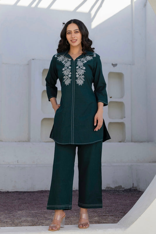 Elara - Bottle Green Cotton Flex Solid Embroidered Coord Set