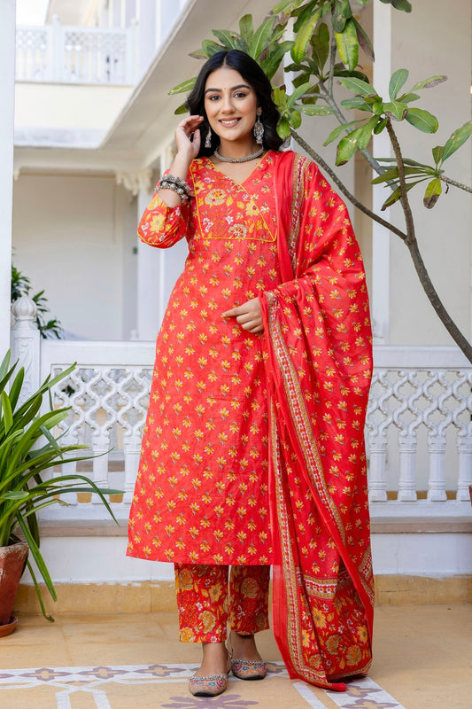 Red Yoke Highlight Cotton Kurta Set with Trousers and Dupatta