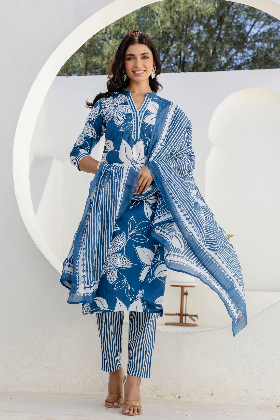 Blue Floral Print Plackett Highlight Collar Kurta Set with Trousers and Dupatta Blue Floral Print Plackett Highlight Collar Kurta Set with Trousers and Dupatta