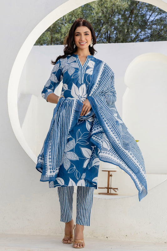 Blue Floral Print Plackett Highlight Collar Kurta Set with Trousers and Dupatta