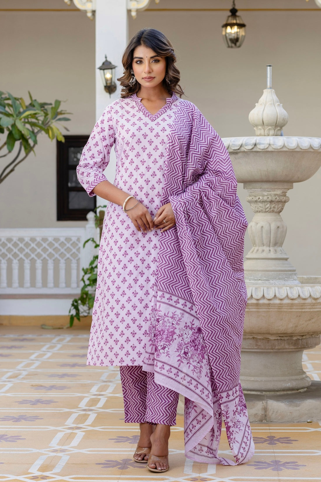 Lavender Motif Printed Collar Neck Kurta Set with Trousers and Dupatta Lavender Motif Printed Collar Neck Kurta Set with Trousers and Dupatta