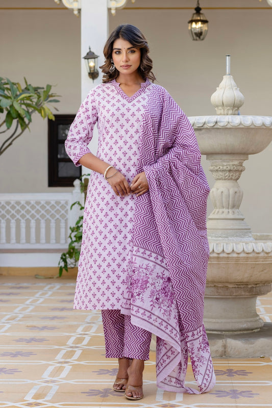 Lavender Motif Printed Collar Neck Kurta Set with Trousers and Dupatta