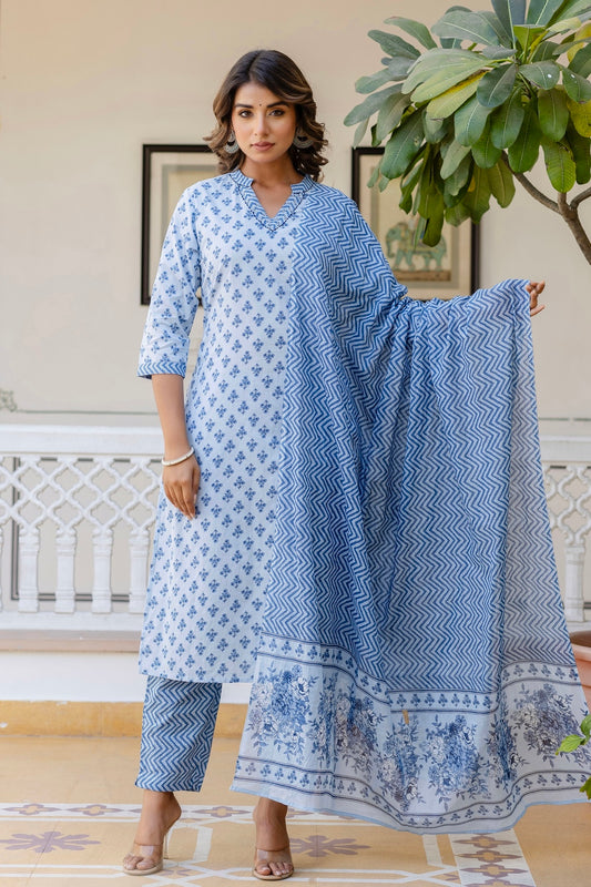 Blue Motif Printed Collar Neck Kurta Set with Trousers and Dupatta
