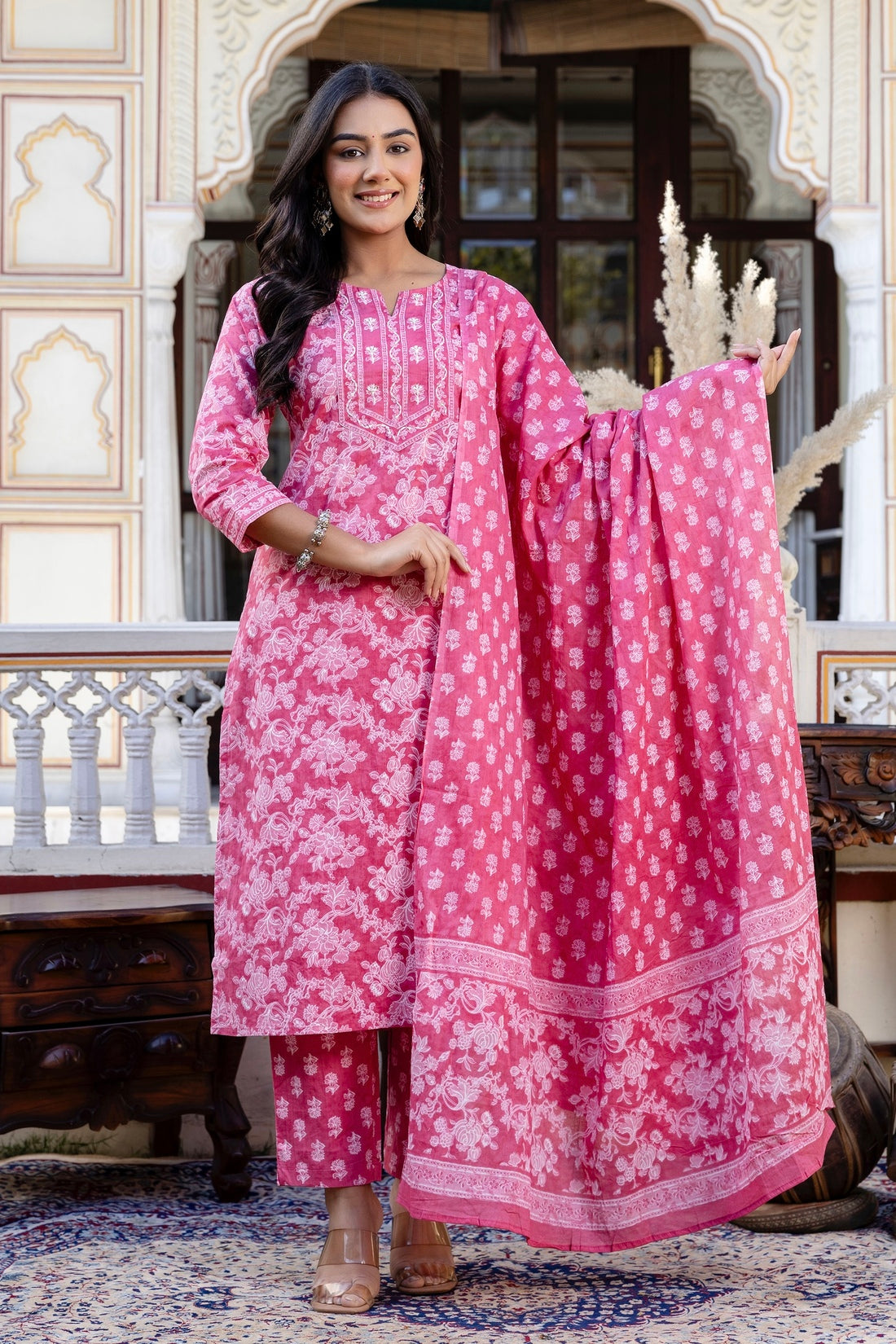 Pink Threadwork Highlight Cotton Kurta Set with Trousers and Dupatta Pink Threadwork Highlight Cotton Kurta Set with Trousers and Dupatta