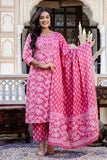 Pink Threadwork Highlight Cotton Kurta Set with Trousers and Dupatta Pink Threadwork Highlight Cotton Kurta Set with Trousers and Dupatta