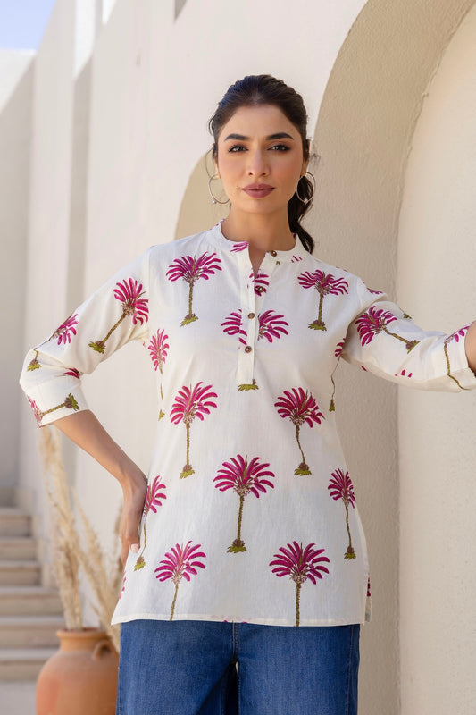 Evadyne - Cream Palm Tree Printed Cotton Short Kurti