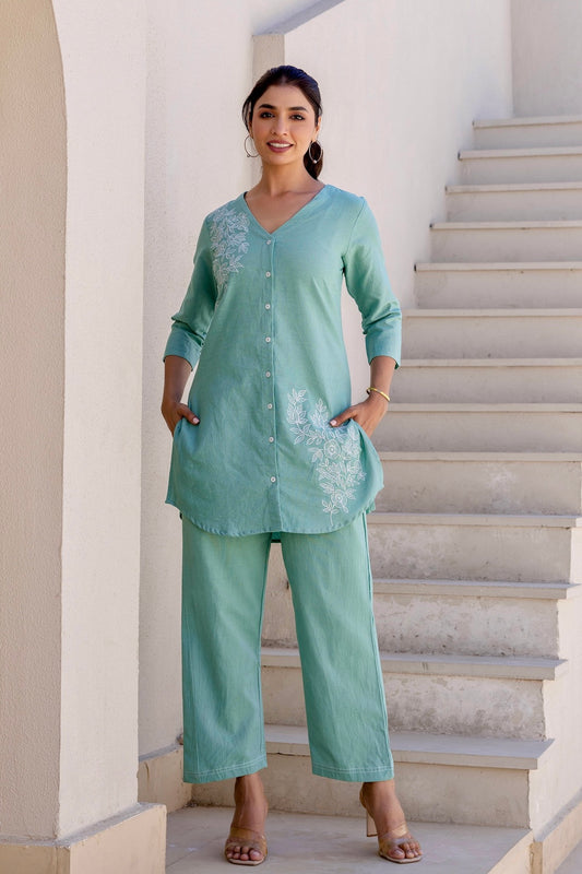 Damaris - Sage Green Cotton Flex Solid Embroidered Coord Set