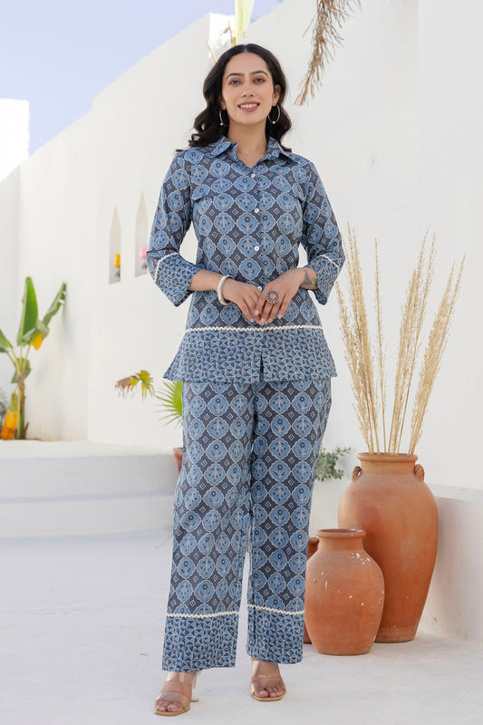 Vega - Blue Lace Details Shirt with Wide Pants Coord Set