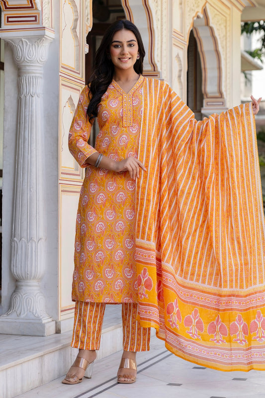 Deep Yellow Collar Neck Cotton Kurta Set with Trousers and Dupatta