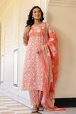 Peach Yoke Highlighted Floral Cotton Kurta Set with Trousers and Dupatta Peach Yoke Highlighted Floral Cotton Kurta Set with Trousers and Dupatta