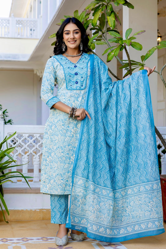 Blue Threadwork Yoke Design Kurta set with Trousers and Dupatta