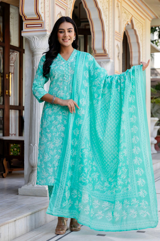 Sea Green Mirrorwork Floral Kurta Set with Trousers and Dupatta