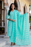Sea Green Mirrorwork Floral Kurta Set with Trousers and Dupatta Sea Green Mirrorwork Floral Kurta Set with Trousers and Dupatta