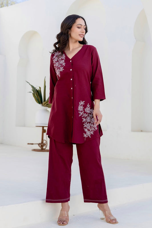 Ariadne - Burgundy Cotton Flex Solid Embroidered Coord Set