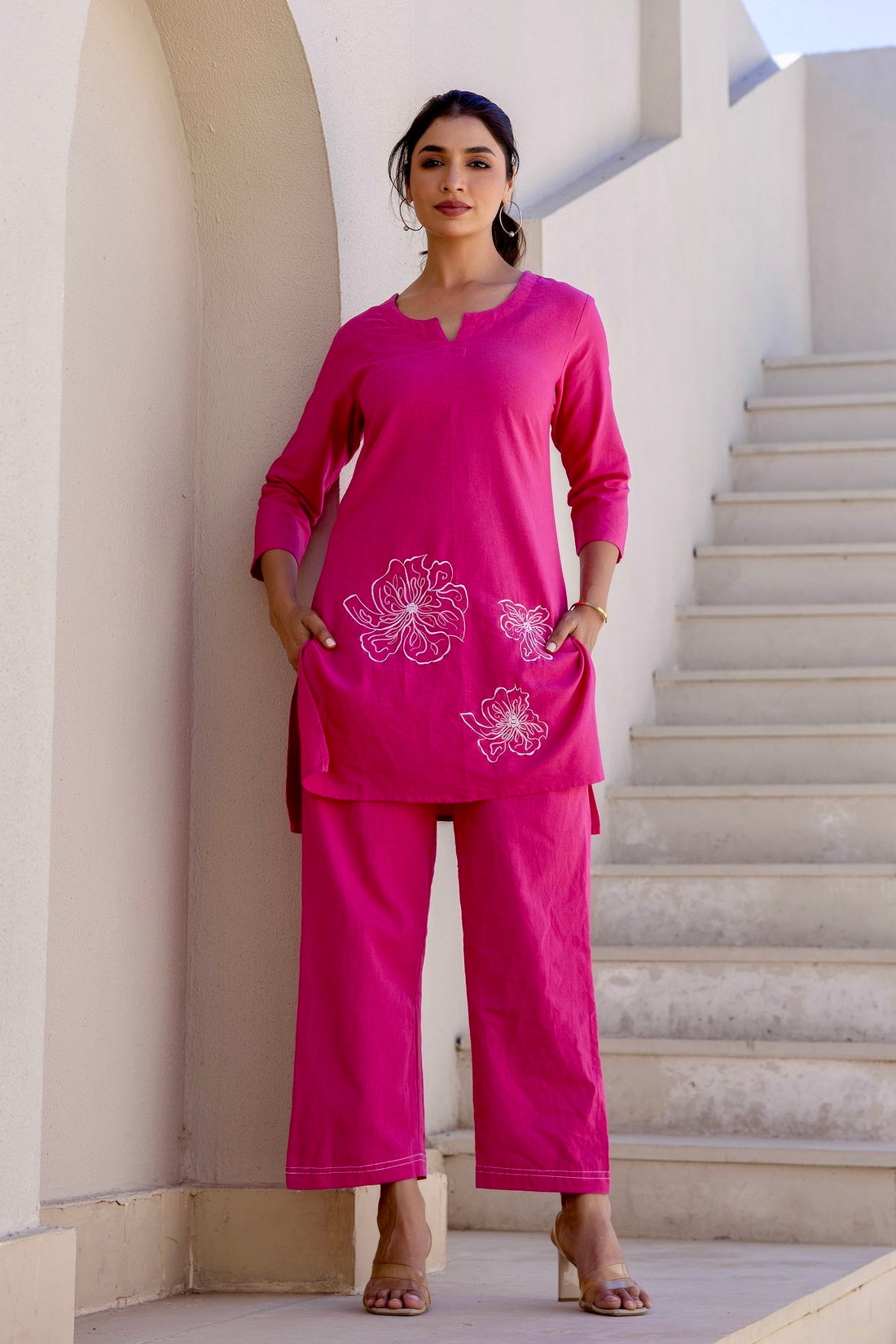 Celia - Pink Cotton Flex Solid Embroidered Coord Set Celia - Pink Cotton Flex Solid Embroidered Coord Set