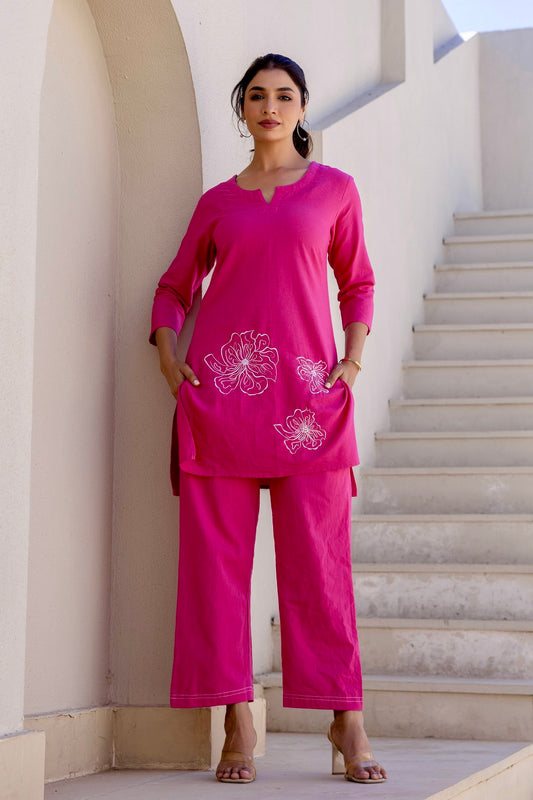 Celia - Pink Cotton Flex Solid Embroidered Coord Set