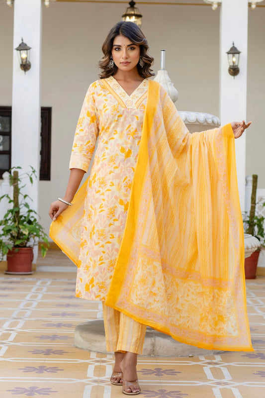 Yellow V-neck Floral Print Kurta Set with Trousers and Dupatta