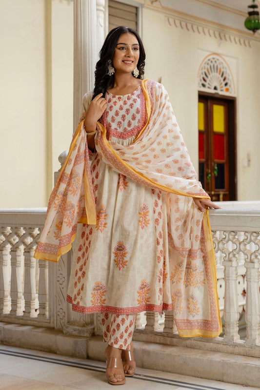 White and Yelllow Ethnic Motif Anarkali Suit Set with Trousers and Dupatta