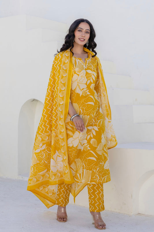 Mustard Yellow Pearl Highlight Cotton Kurta Set with Trousers and Dupatta