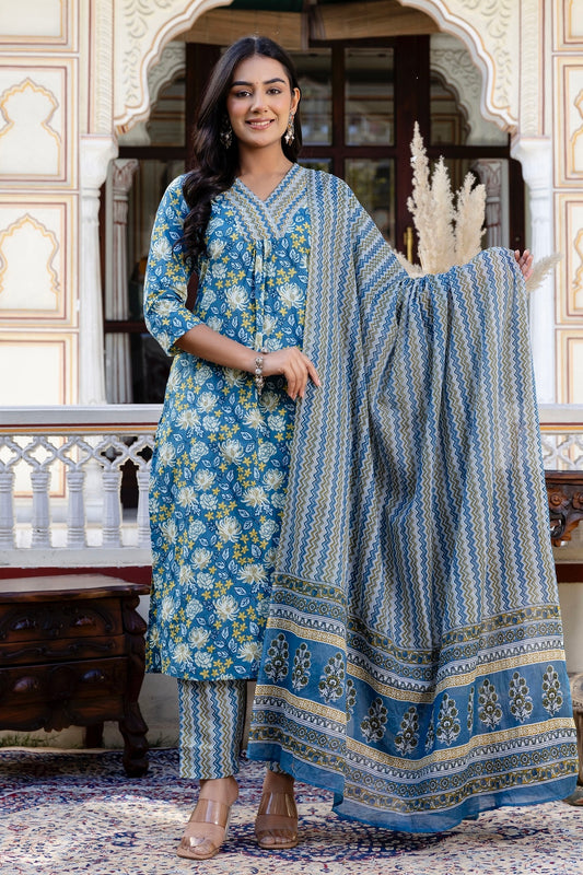 Teal Blue Front Pleats Design Cotton Kurta Set with Trousers and Dupatta