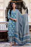Teal Blue Front Pleats Design Cotton Kurta Set with Trousers and Dupatta Teal Blue Front Pleats Design Cotton Kurta Set with Trousers and Dupatta