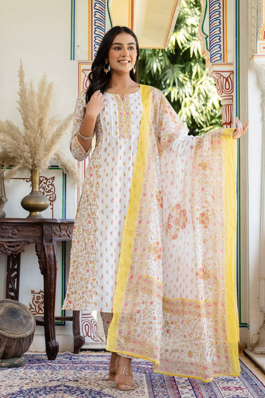 White and Yellow Pleated A-line Kurta Set with Trousers and Dupatta