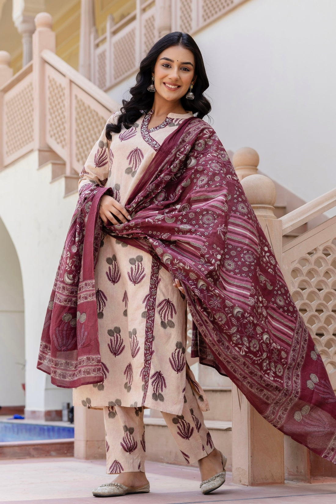 Pink and Cream Angrakha Neckline Kurta Set with Trousers and Dupatta Pink and Cream Angrakha Neckline Kurta Set with Trousers and Dupatta