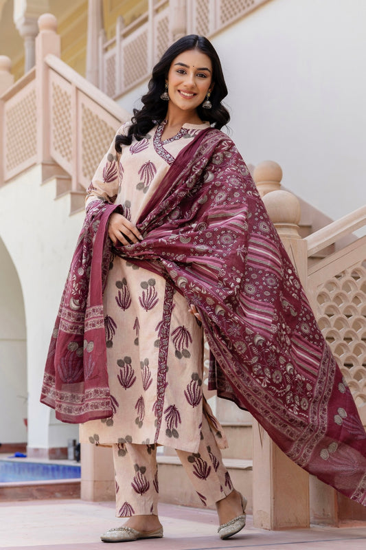 Pink and Cream Angrakha Neckline Kurta Set with Trousers and Dupatta