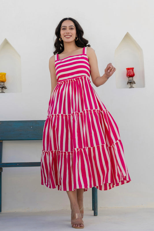 Soleil - Pink and White Striped Cotton Tiered Midi Dress