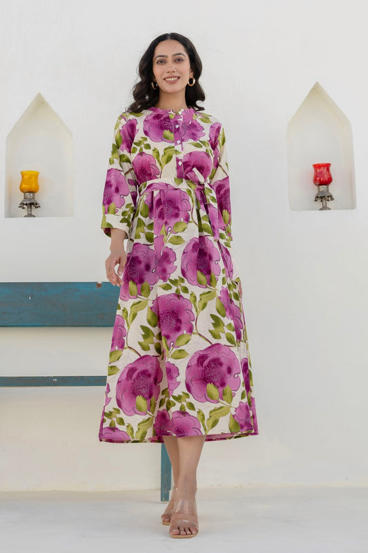 Lumi - Purple Printed Cotton Midi Dress with Tie Belt