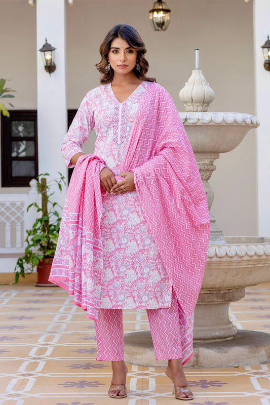 Pink And Purple Floral Khadi Print Kurta Set with Trousers and Dupatta