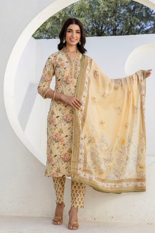 Pastel Yellow Collar Neck Floral Kurta Set with Trousers and Dupatta
