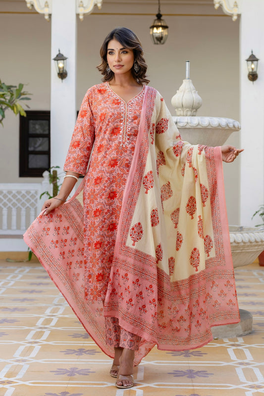 Peach Mirror and Pearl Work Cotton Kurta Set with Trousers and Dupatta