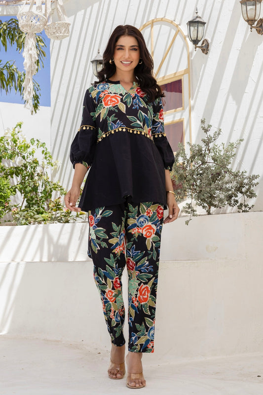 Nuri - Black Embellished Peplum Top with Pants Coord Set