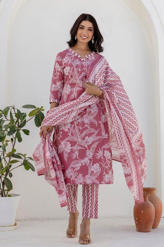 Dusty Pink Floral Print Cotton Kurta Set with Trouser and Dupatta