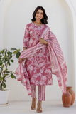 Dusty Pink Floral Print Cotton Kurta Set with Trouser and Dupatta Dusty Pink Floral Print Cotton Kurta Set with Trouser and Dupatta