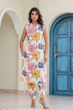 White Floral Print Threadwork Straight Kurta with Trousers Coord Set White Floral Print Threadwork Straight Kurta with Trousers Coord Set