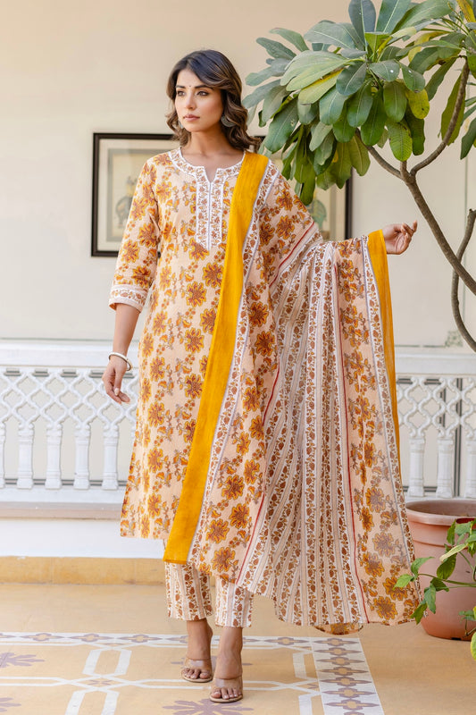 Yellow Stripes with Floral Printed Cotton Kurta Set with Trousers and Dupatta