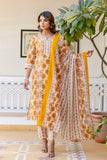 Yellow Stripes with Floral Printed Cotton Kurta Set with Trousers and Dupatta Yellow Stripes with Floral Printed Cotton Kurta Set with Trousers and Dupatta
