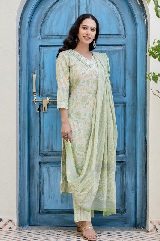 Pastel Green V-neck Floral Print Kurta Set with Trousers and Dupatta