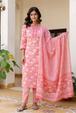 Peach Plackett Design Cotton Kurta Set with Trousers and Dupatta Peach Plackett Design Cotton Kurta Set with Trousers and Dupatta