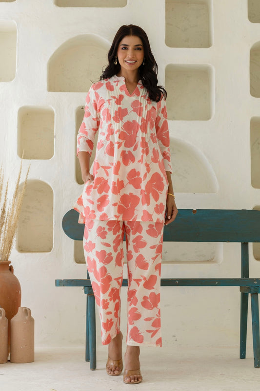 Zafira - Cream And Pink Pintucks Details Kurti with Wide Pants Coord Set