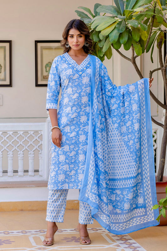 Blue V-neck Cotton Printed Kurta Set with Trousers and Kota Doriya Dupatta