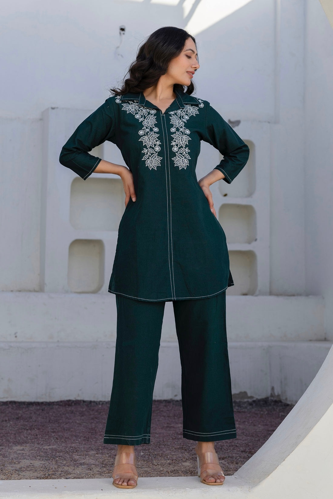 Elara - Bottle Green Cotton Flex Solid Embroidered Coord Set Elara - Bottle Green Cotton Flex Solid Embroidered Coord Set